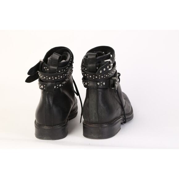MAJE Black Leather Combat Moto Studded Lace Up Boots Booties Size 39 - Picture 3 of 13